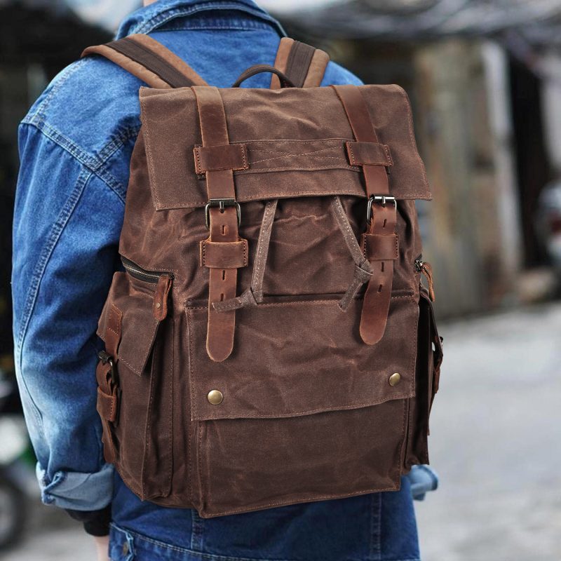 Hiking Casual Sports Waxed Canvas Rucksack Backpack Bag For Men