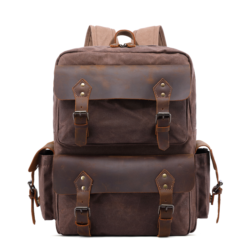Vintage Sports Men Rucksack Genuine Leather Cover Waterproof Canvas Backpack