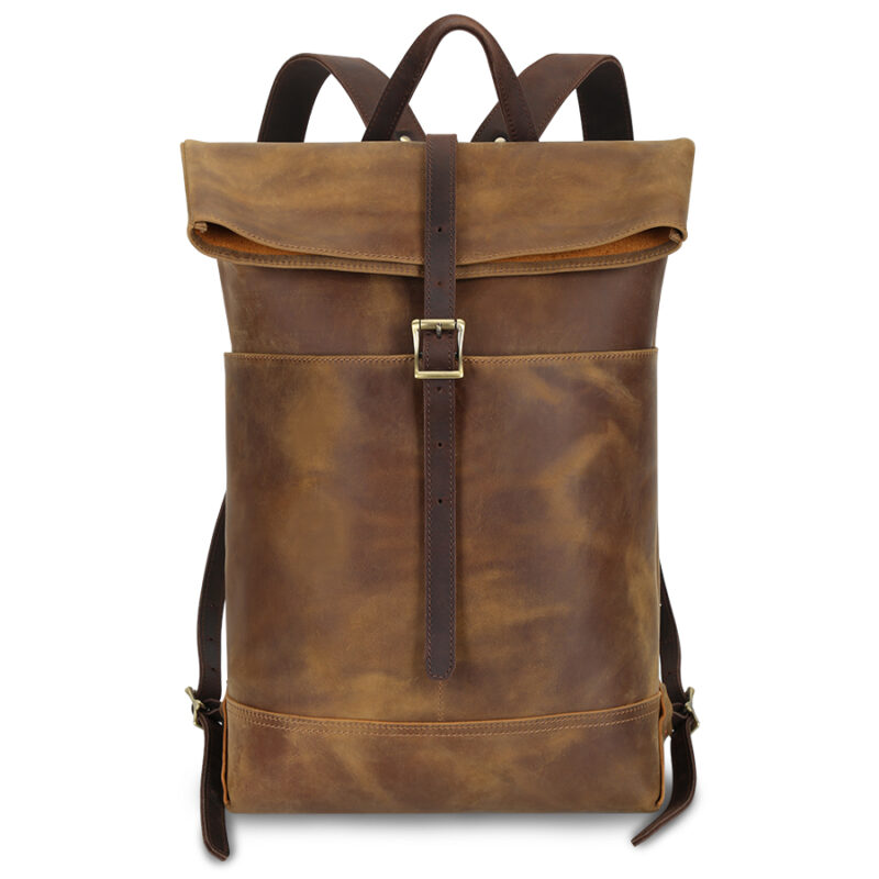 Leisure Rolling Up Travel Crazy Horse Leather Business Backpack for Men