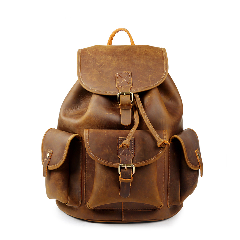 Travel Outdoor Unisex Genuine Leather Bag Drawstring Backpack