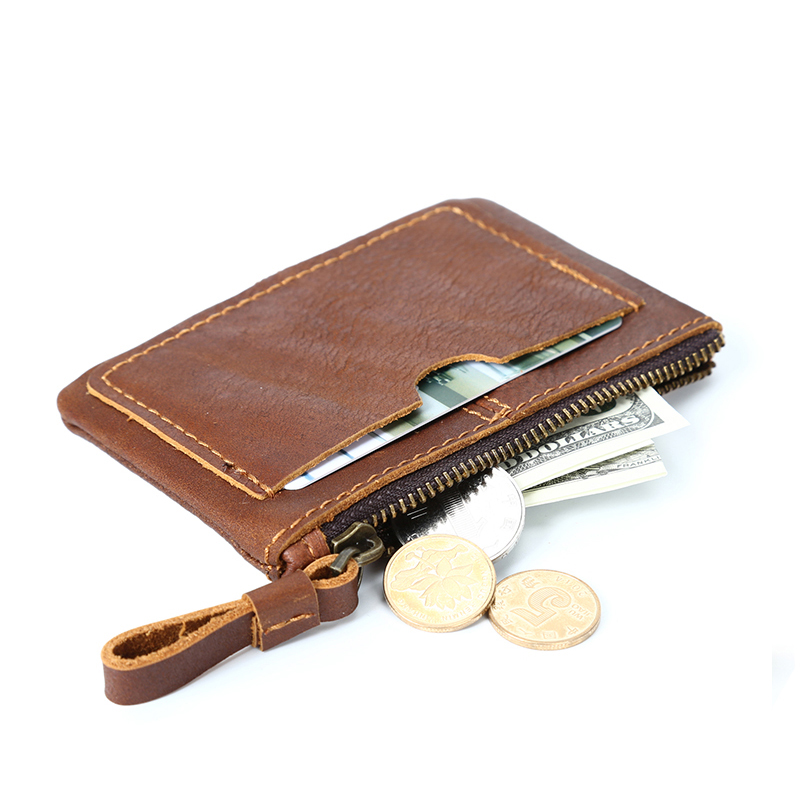 Vintage Cowhide Leather Card Holder With Zipper Coin Wallet
