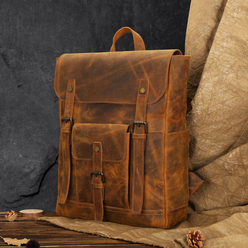 Vintage Crazy Horse Cowhide Leather Hiking Outdoor Backpack